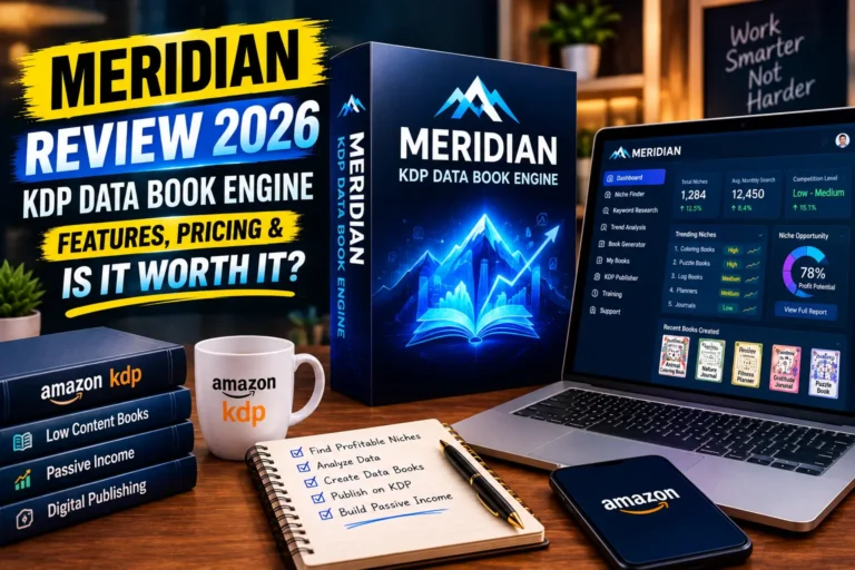 Meridian KDP Data Book Engine software box and dashboard featured in a 2026 review for KDP book publishing.