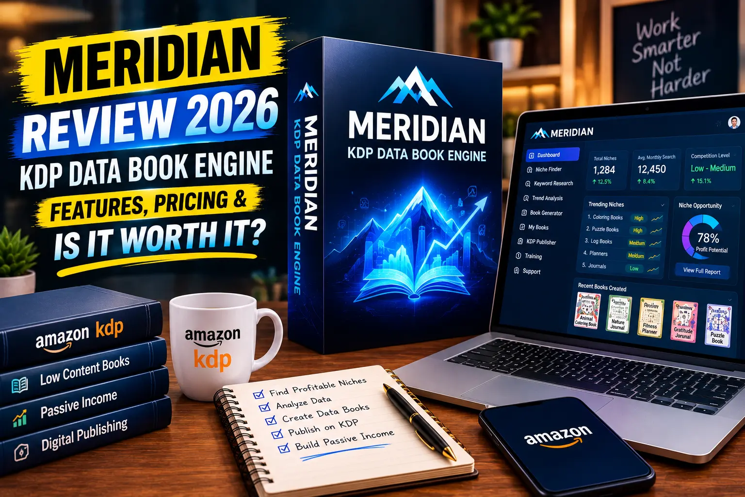 Meridian KDP Data Book Engine software box and dashboard featured in a 2026 review for KDP book publishing.